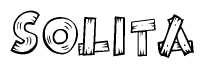 The image contains the name Solita written in a decorative, stylized font with a hand-drawn appearance. The lines are made up of what appears to be planks of wood, which are nailed together