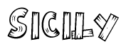 The clipart image shows the name Sicily stylized to look like it is constructed out of separate wooden planks or boards, with each letter having wood grain and plank-like details.