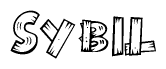 The image contains the name Sybil written in a decorative, stylized font with a hand-drawn appearance. The lines are made up of what appears to be planks of wood, which are nailed together