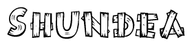 The image contains the name Shundea written in a decorative, stylized font with a hand-drawn appearance. The lines are made up of what appears to be planks of wood, which are nailed together