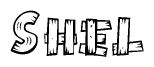The image contains the name Shel written in a decorative, stylized font with a hand-drawn appearance. The lines are made up of what appears to be planks of wood, which are nailed together