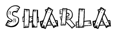 The image contains the name Sharla written in a decorative, stylized font with a hand-drawn appearance. The lines are made up of what appears to be planks of wood, which are nailed together