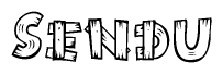 The image contains the name Sendu written in a decorative, stylized font with a hand-drawn appearance. The lines are made up of what appears to be planks of wood, which are nailed together