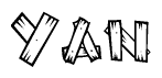 The image contains the name Yan written in a decorative, stylized font with a hand-drawn appearance. The lines are made up of what appears to be planks of wood, which are nailed together