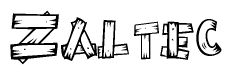 The image contains the name Zaltec written in a decorative, stylized font with a hand-drawn appearance. The lines are made up of what appears to be planks of wood, which are nailed together