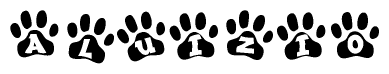 The image shows a row of animal paw prints, each containing a letter. The letters spell out the word Aluizio within the paw prints.