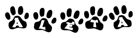 The image shows a row of animal paw prints, each containing a letter. The letters spell out the word Aleta within the paw prints.