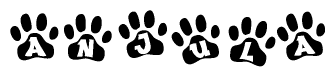 The image shows a series of animal paw prints arranged horizontally. Within each paw print, there's a letter; together they spell Anjula