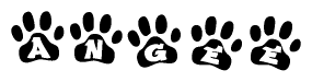 The image shows a series of animal paw prints arranged in a horizontal line. Each paw print contains a letter, and together they spell out the word Angee.