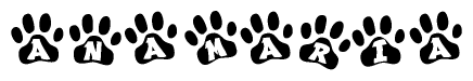 The image shows a series of animal paw prints arranged in a horizontal line. Each paw print contains a letter, and together they spell out the word Anamaria.