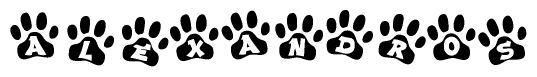 The image shows a series of animal paw prints arranged in a horizontal line. Each paw print contains a letter, and together they spell out the word Alexandros.