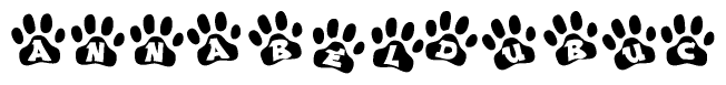The image shows a series of animal paw prints arranged in a horizontal line. Each paw print contains a letter, and together they spell out the word Annabeldubuc.