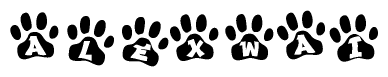 The image shows a row of animal paw prints, each containing a letter. The letters spell out the word Alexwai within the paw prints.