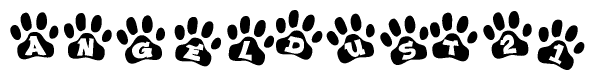 The image shows a row of animal paw prints, each containing a letter. The letters spell out the word Angeldust21 within the paw prints.
