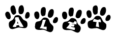 The image shows a row of animal paw prints, each containing a letter. The letters spell out the word Alet within the paw prints.