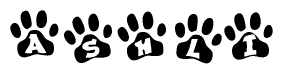 The image shows a row of animal paw prints, each containing a letter. The letters spell out the word Ashli within the paw prints.