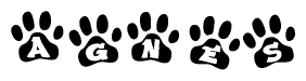 The image shows a row of animal paw prints, each containing a letter. The letters spell out the word Agnes within the paw prints.