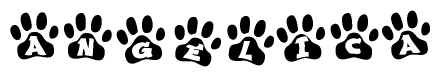 The image shows a series of animal paw prints arranged in a horizontal line. Each paw print contains a letter, and together they spell out the word Angelica.