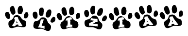 The image shows a series of animal paw prints arranged in a horizontal line. Each paw print contains a letter, and together they spell out the word Aliziaa.