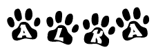 The image shows a series of animal paw prints arranged horizontally. Within each paw print, there's a letter; together they spell Alka