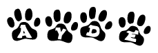 The image shows a series of animal paw prints arranged in a horizontal line. Each paw print contains a letter, and together they spell out the word Ayde.