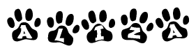 The image shows a row of animal paw prints, each containing a letter. The letters spell out the word Aliza within the paw prints.