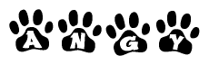 The image shows a series of animal paw prints arranged in a horizontal line. Each paw print contains a letter, and together they spell out the word Angy.