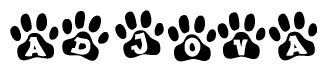 The image shows a series of animal paw prints arranged horizontally. Within each paw print, there's a letter; together they spell Adjova