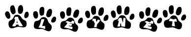The image shows a series of animal paw prints arranged in a horizontal line. Each paw print contains a letter, and together they spell out the word Aleynet.