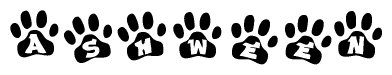 The image shows a row of animal paw prints, each containing a letter. The letters spell out the word Ashween within the paw prints.