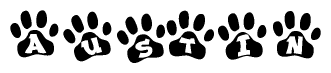 The image shows a row of animal paw prints, each containing a letter. The letters spell out the word Austin within the paw prints.