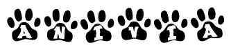 The image shows a series of animal paw prints arranged horizontally. Within each paw print, there's a letter; together they spell Anivia