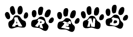 The image shows a series of animal paw prints arranged in a horizontal line. Each paw print contains a letter, and together they spell out the word Arend.