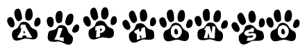 The image shows a row of animal paw prints, each containing a letter. The letters spell out the word Alphonso within the paw prints.