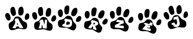 The image shows a series of animal paw prints arranged horizontally. Within each paw print, there's a letter; together they spell Andrzej