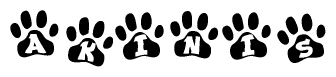 The image shows a row of animal paw prints, each containing a letter. The letters spell out the word Akinis within the paw prints.