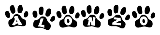 The image shows a series of animal paw prints arranged horizontally. Within each paw print, there's a letter; together they spell Alonzo