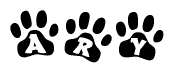 The image shows a series of animal paw prints arranged in a horizontal line. Each paw print contains a letter, and together they spell out the word Ary.