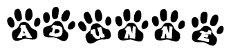 The image shows a series of animal paw prints arranged in a horizontal line. Each paw print contains a letter, and together they spell out the word Adunne.