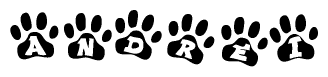 The image shows a row of animal paw prints, each containing a letter. The letters spell out the word Andrei within the paw prints.