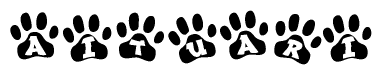 The image shows a row of animal paw prints, each containing a letter. The letters spell out the word Aituari within the paw prints.