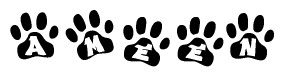 The image shows a series of animal paw prints arranged in a horizontal line. Each paw print contains a letter, and together they spell out the word Ameen.