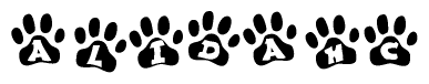 The image shows a row of animal paw prints, each containing a letter. The letters spell out the word Alidahc within the paw prints.
