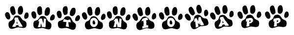 The image shows a series of animal paw prints arranged in a horizontal line. Each paw print contains a letter, and together they spell out the word Antoniomapp.