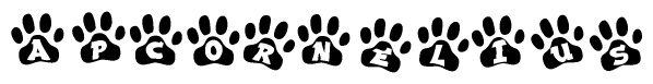The image shows a row of animal paw prints, each containing a letter. The letters spell out the word Apcornelius within the paw prints.