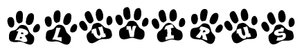 The image shows a series of animal paw prints arranged in a horizontal line. Each paw print contains a letter, and together they spell out the word Bluvirus.