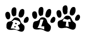 The image shows a row of animal paw prints, each containing a letter. The letters spell out the word Blt within the paw prints.