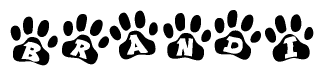 The image shows a row of animal paw prints, each containing a letter. The letters spell out the word Brandi within the paw prints.