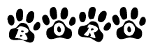 The image shows a row of animal paw prints, each containing a letter. The letters spell out the word Boro within the paw prints.