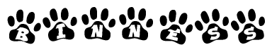 The image shows a row of animal paw prints, each containing a letter. The letters spell out the word Binness within the paw prints.